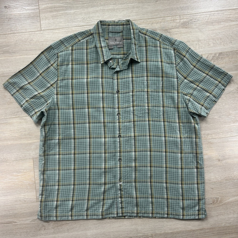 Royal Robbins Mens XXL Classic Fit Teal Plaid Mojave Dobby Short Sleeve Button
